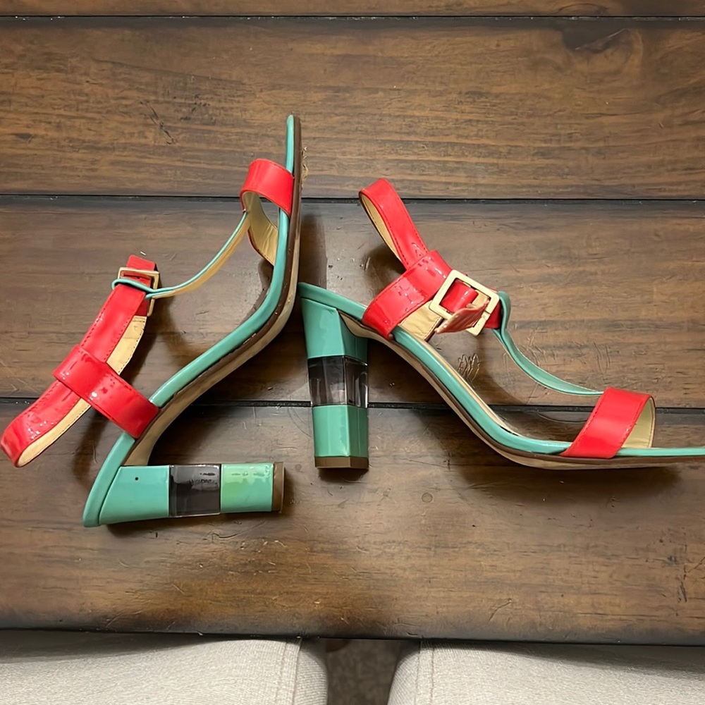 Kate Spade Block Heel Sandals Red and Blue Turquoise